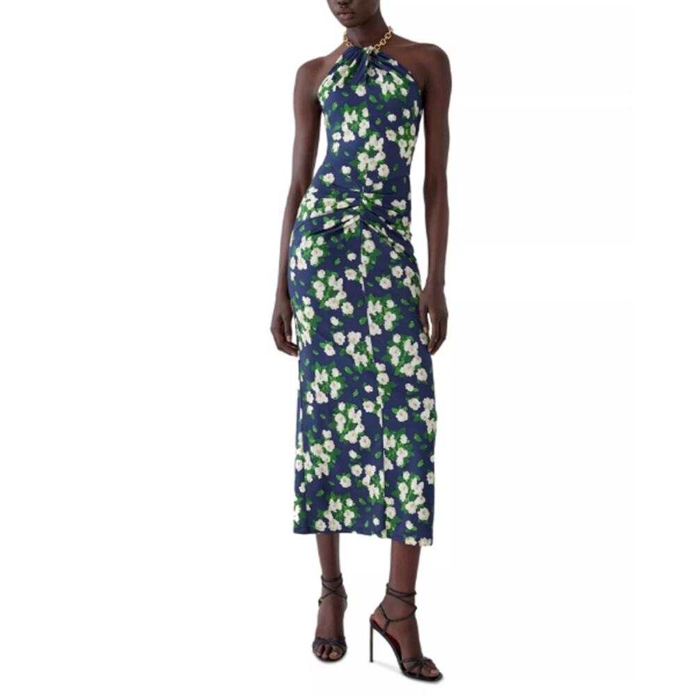 Carolina Herrera Midnight Multi Halter Neck Draped Midi Dress Size M